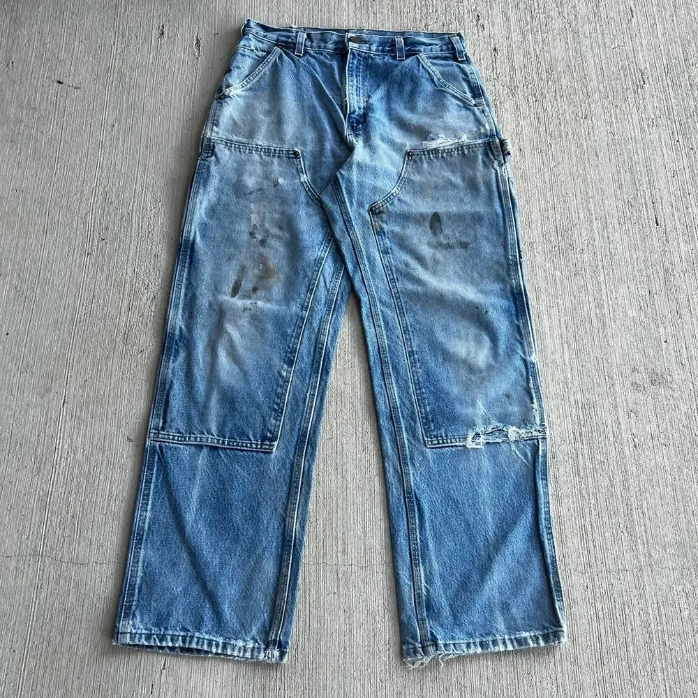 Carhartt faded denim blue jean double knee work wear carpenter pants